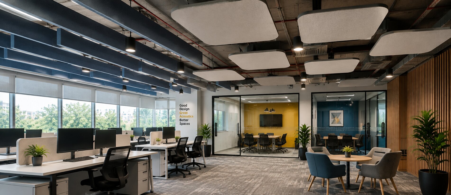 Acoustic ceiling solutions with baffles, clouds and acoustic panels