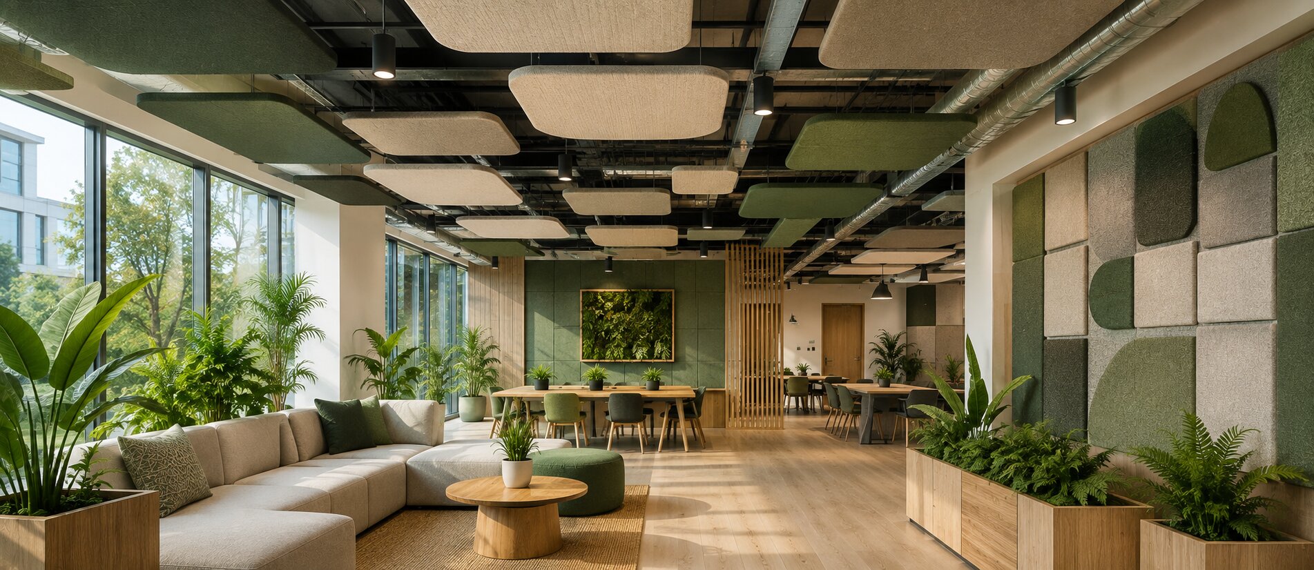 Sustainable acoustic design using eco-friendly acoustic materials in a modern building